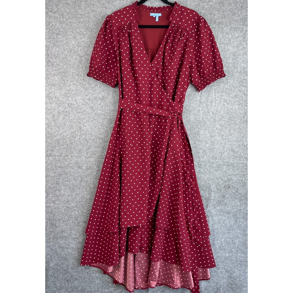 Draper James Wrap Dress Womens 16 Maroon Polka Dots Midi Layered Preppy Classic